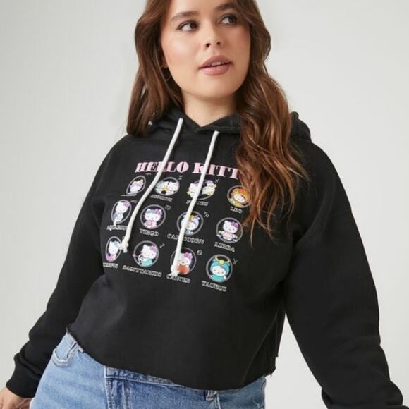 NEW Forever 21 Hello Kitty Black Astrology Graphic Cropped Fleece Hoodie - Picture 2 of 11